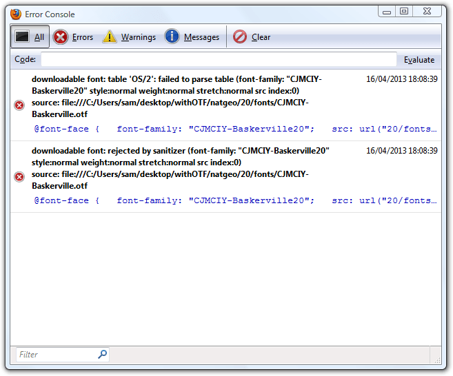 A font I deliberately broke the OS/2 table of is rejected by OTS and logged in Firefox's error console.