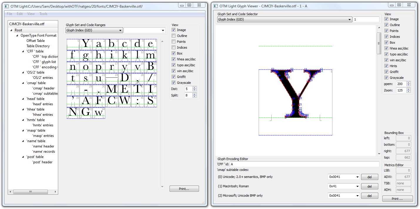 OTMaster displays renderings of all the glyphs, and then a glyph and it's associated data.