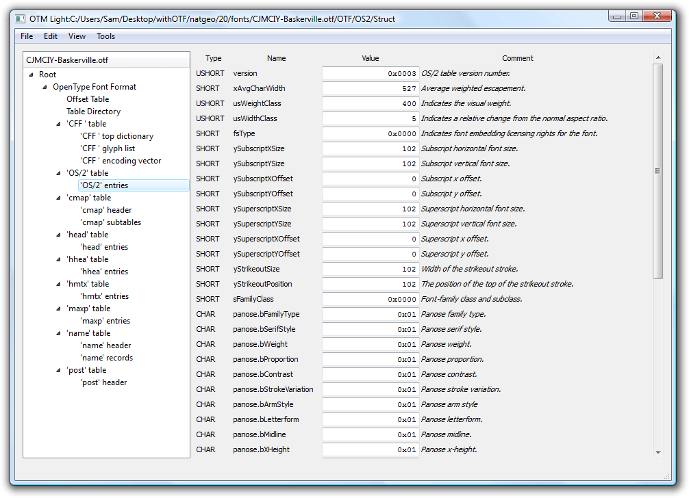DTL OTMaster shows the OS/2 table of a font.